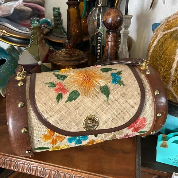 Vintage Floral Embroidered Raffia & Wooden Barrel Bag ~ Bags By Whidby Inc. - Picture 4 of 14
